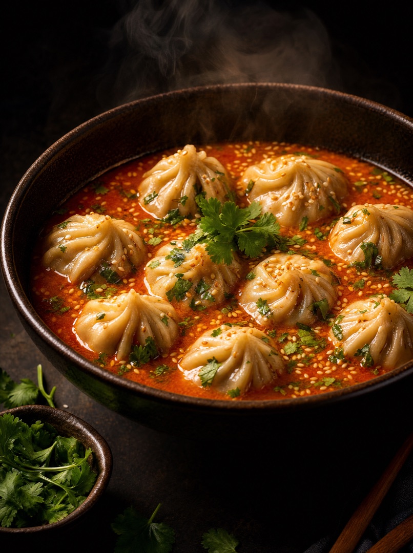 Steamed chicken momo dumplings